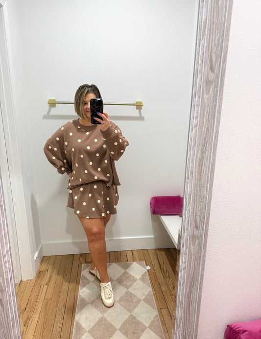 Mocha polka dot sweat skort set