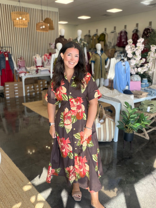 Long flower dress with cuff sleeves