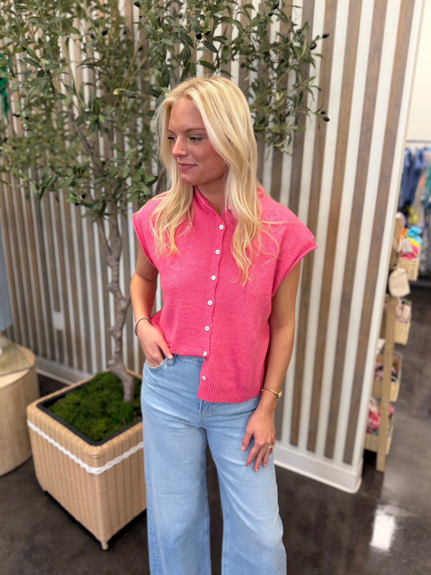 bubblegum pink sweater vest cardigan