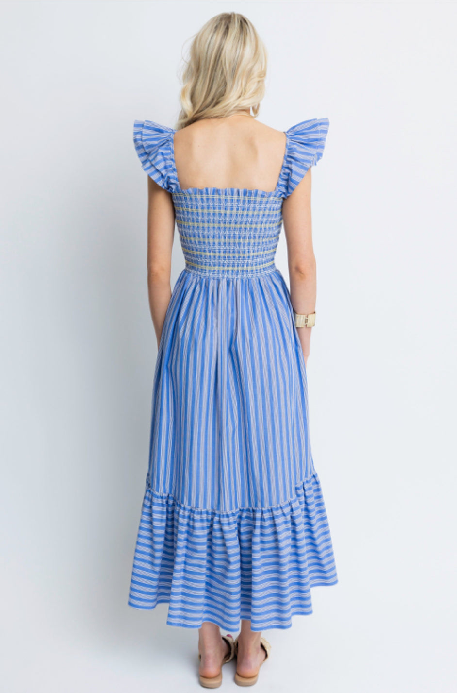 Stripe Smock Ruffle Maxi Dress by KARLIE