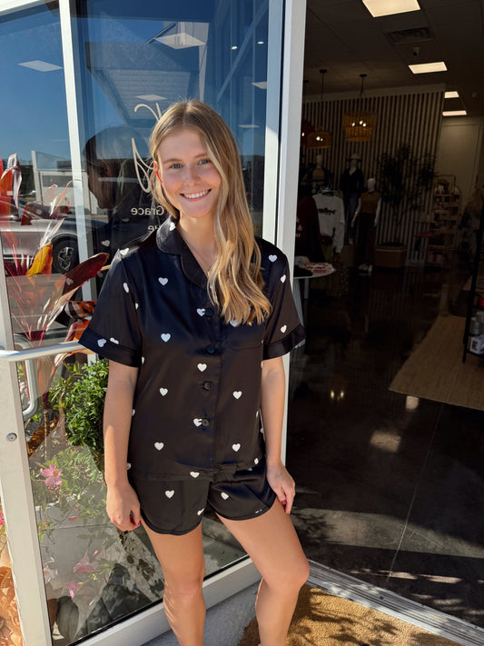 Satin short pj set - black heart