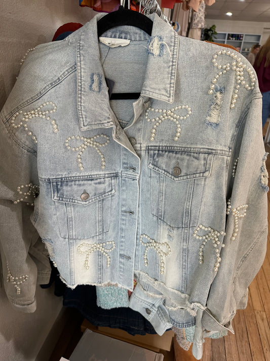 Denim pearl bow jacket