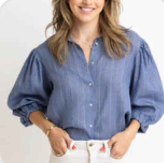 Stripe Puff Sleeve Button Up Top - Karlie