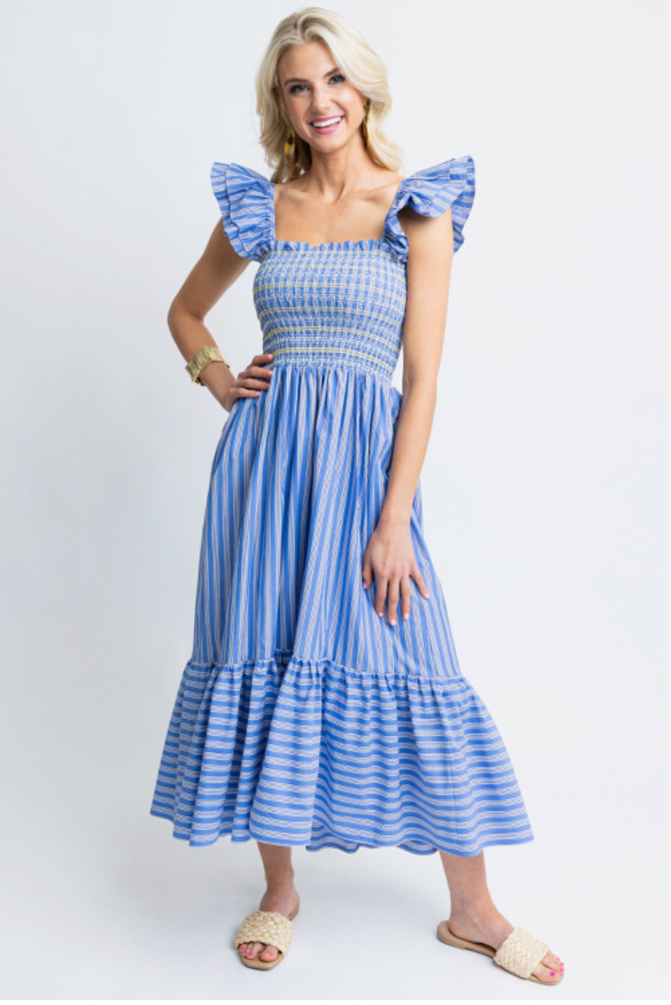 Stripe Smock Ruffle Maxi Dress by KARLIE