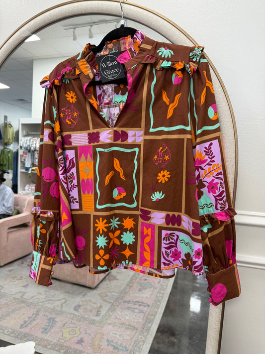 Floral frame neck ruffle top stripe-KARLIE