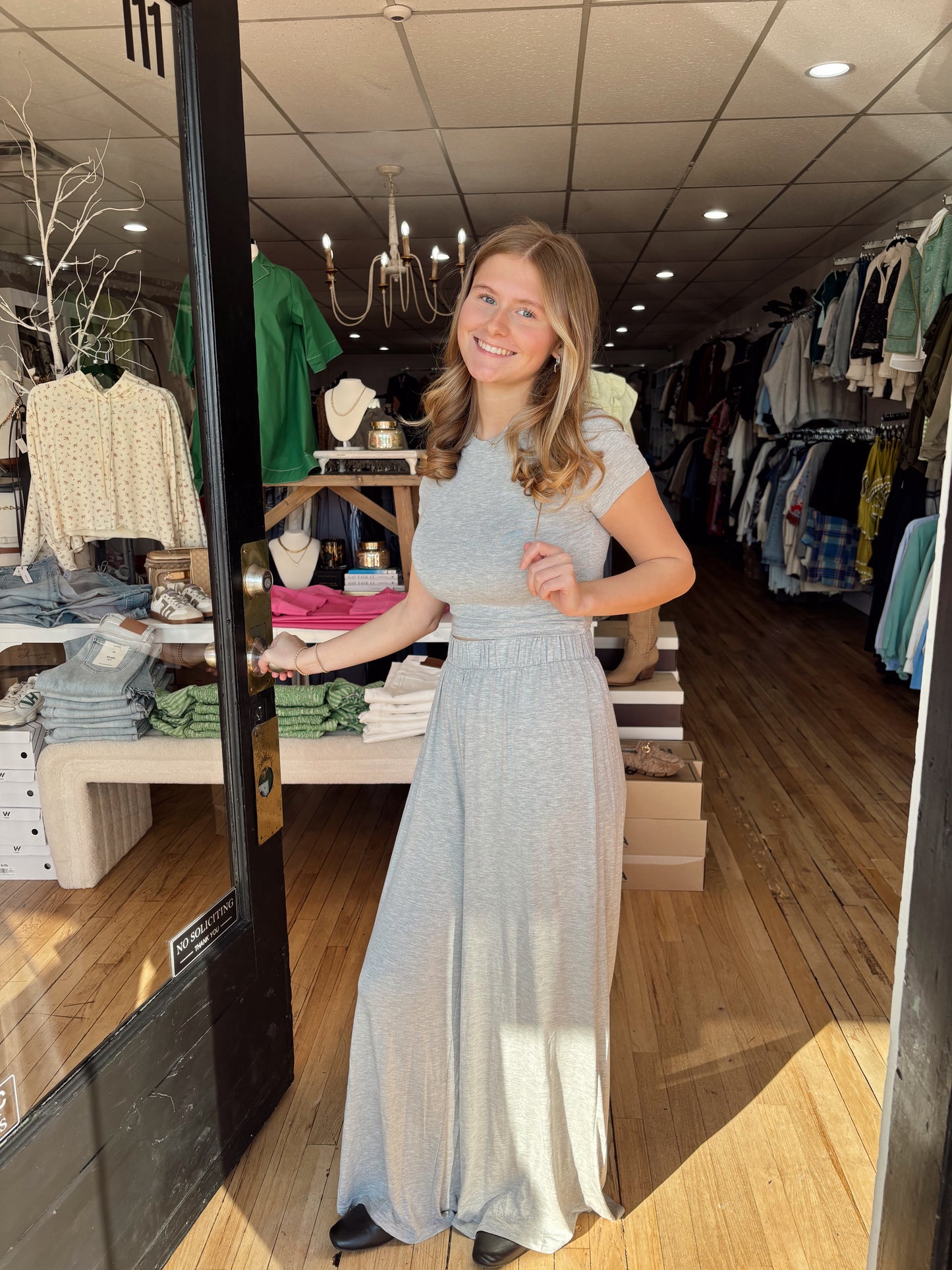 heather gray knit pant set
