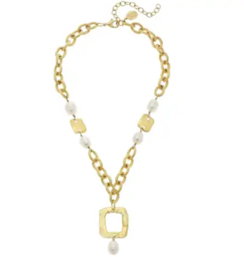 Gold Square and Genuine Freshwater Pearl Chain Necklace - Susan Shaw