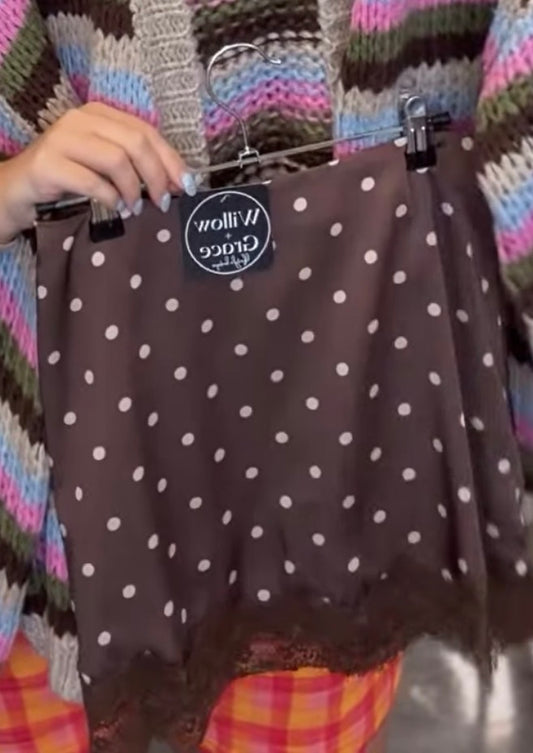chocolate brown silk polkadot mini skort