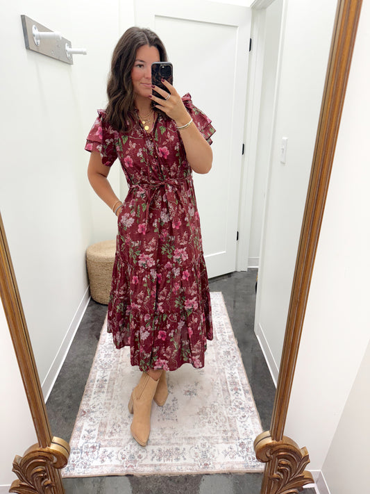 Burgundy midi floral dress