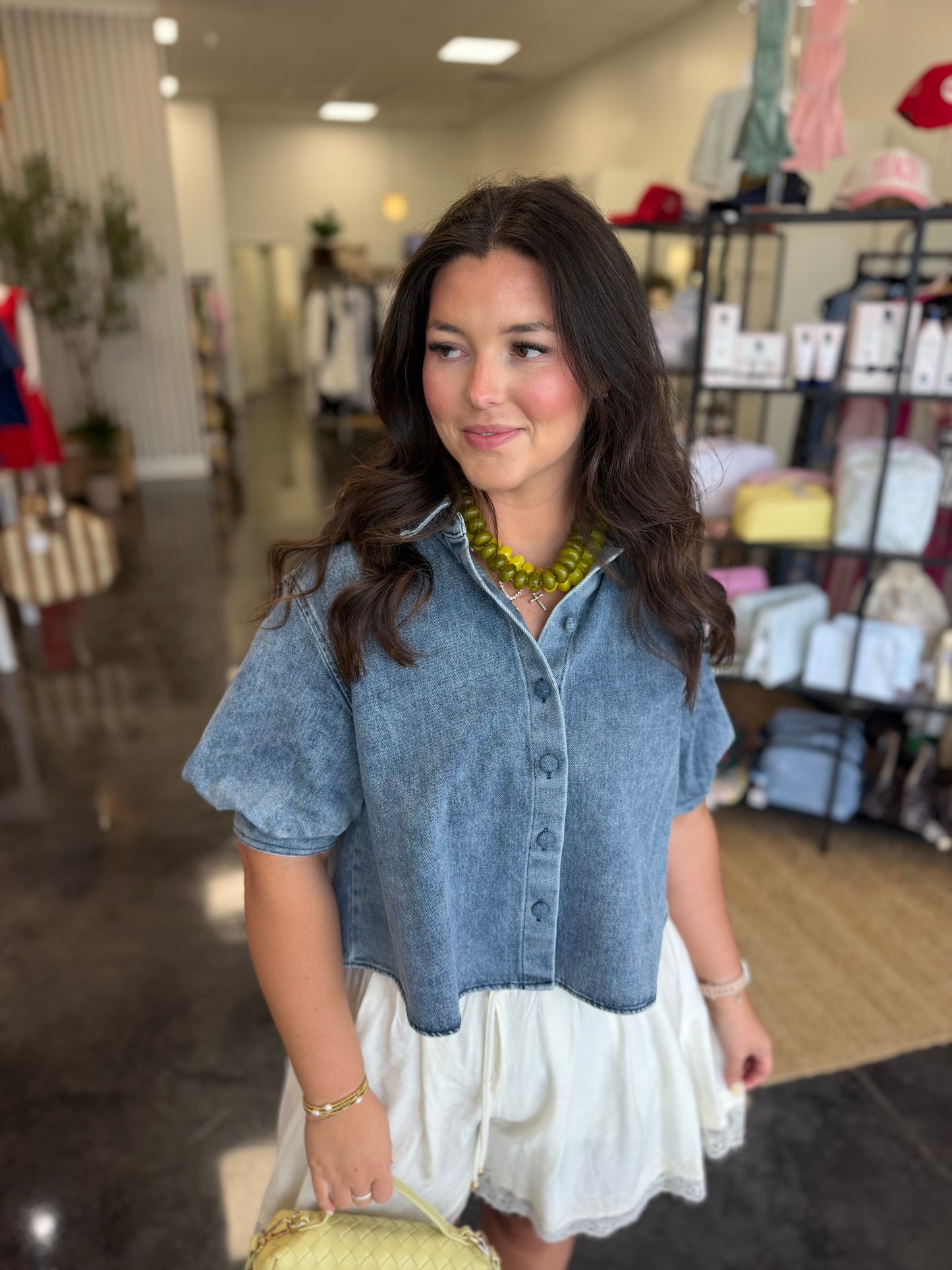 denim button puff sleeve top KARLIE