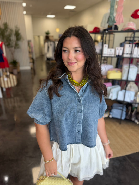 denim button puff sleeve top KARLIE