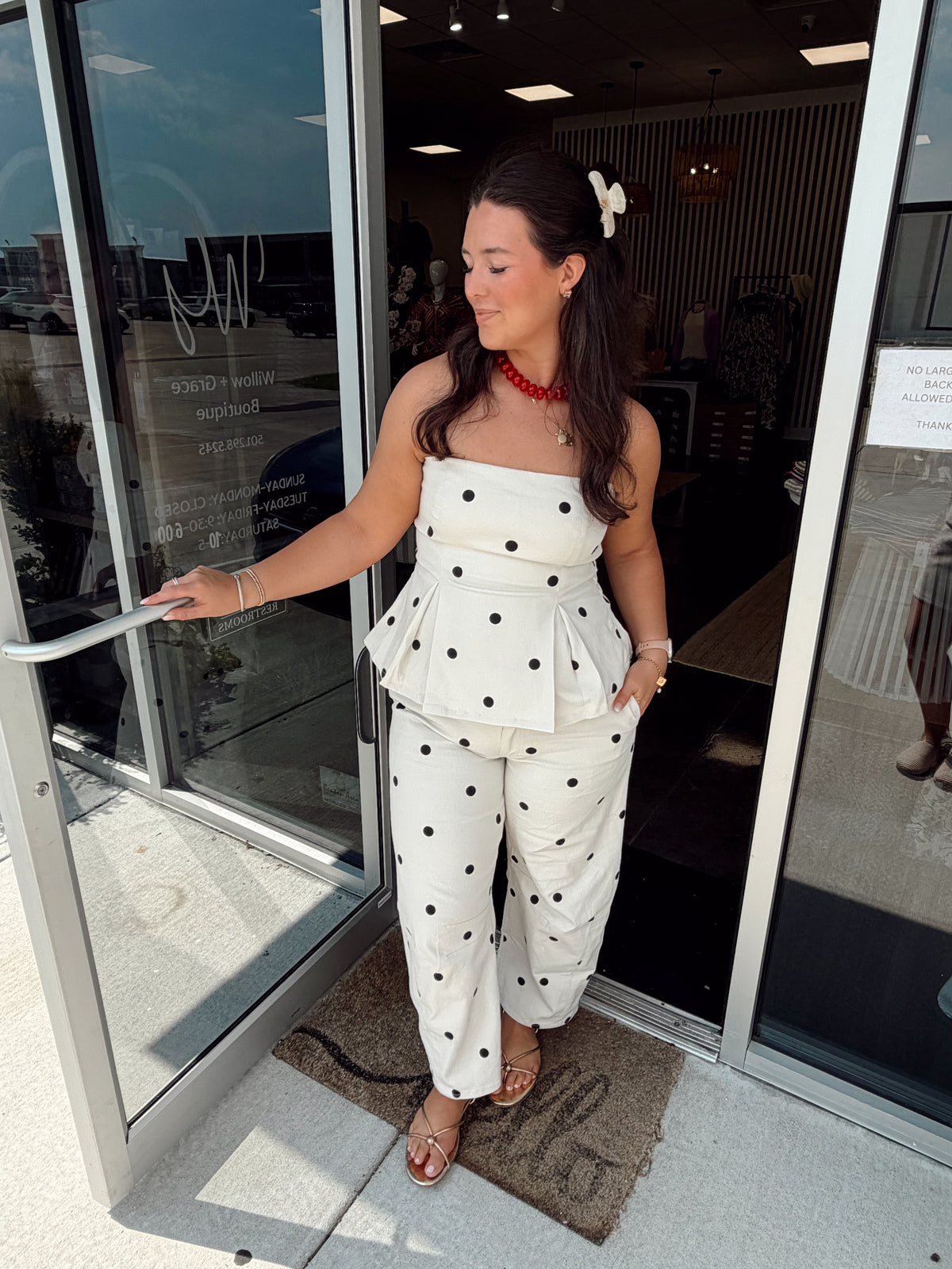 POLKADOT STRAPLESS PEPLUM TOP AND BARREL PANTS SET