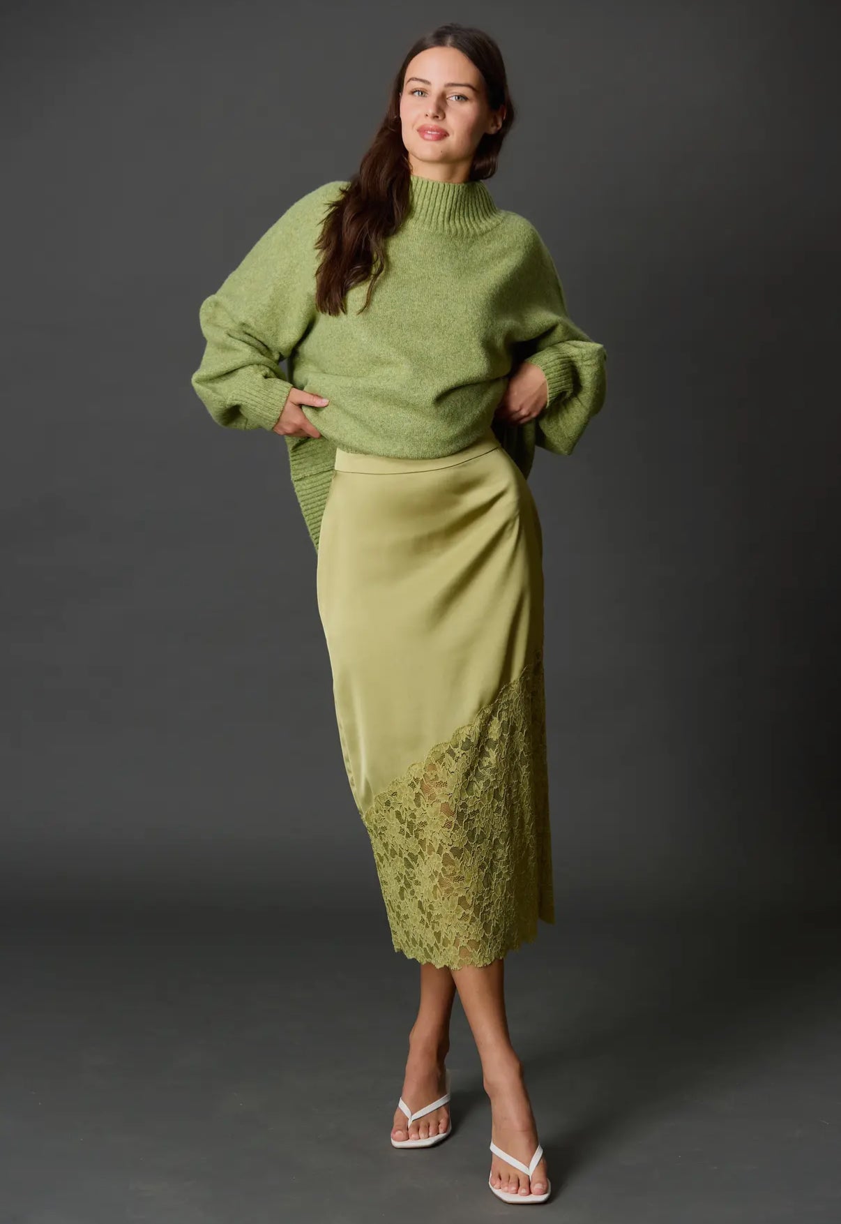 Matcha satin skirt lace trim