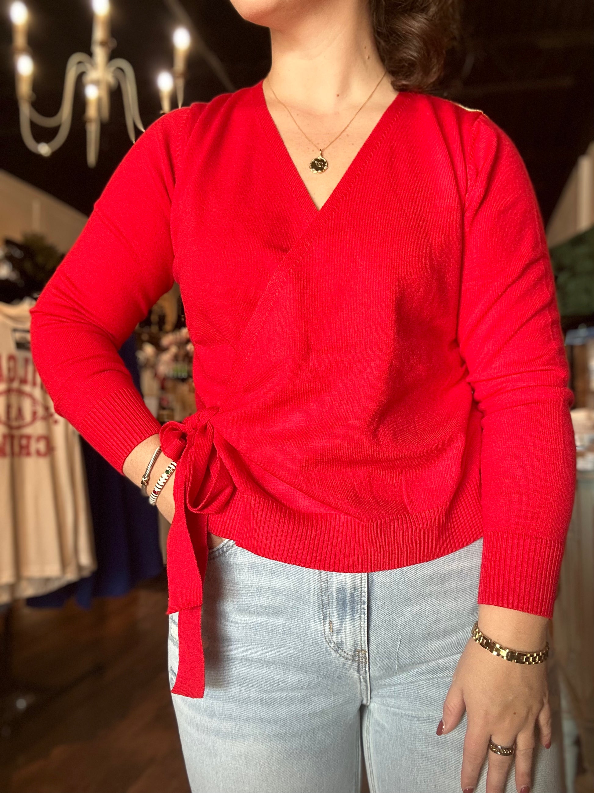 Red Wrap sweater Willow and Grace a lifestyle boutique