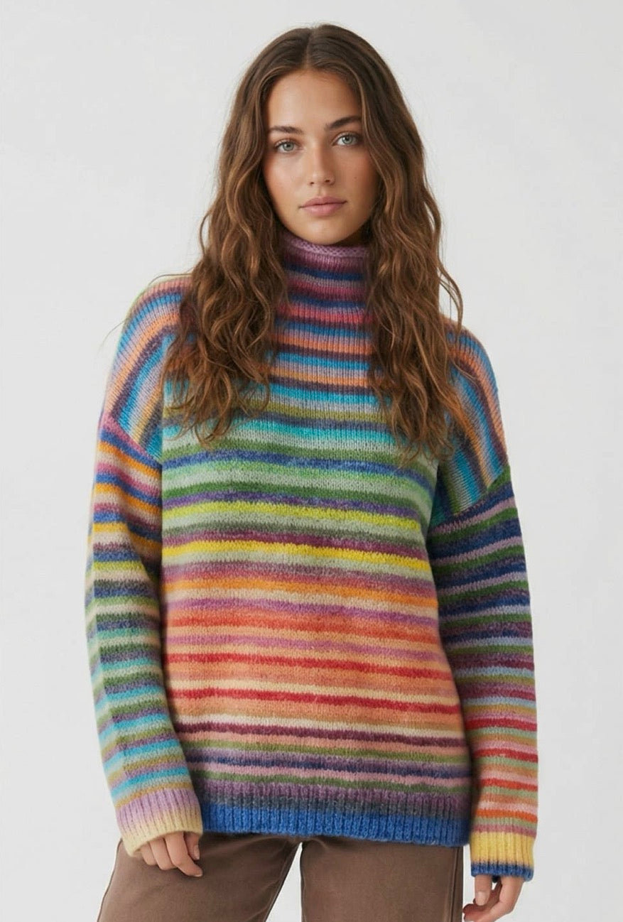 Colorful stripe mock neck sweater