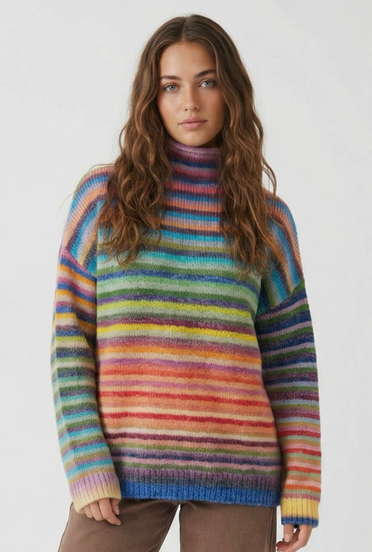 Colorful stripe mock neck sweater