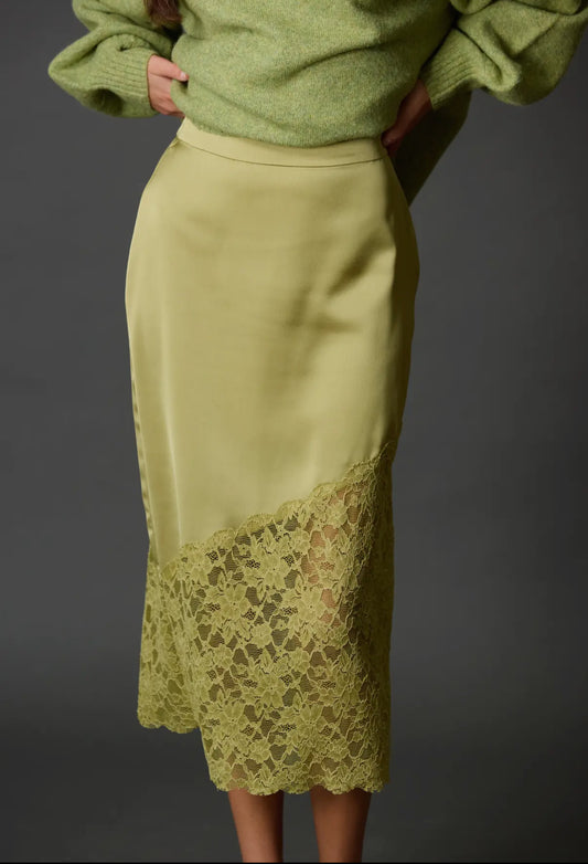 Matcha satin skirt lace trim