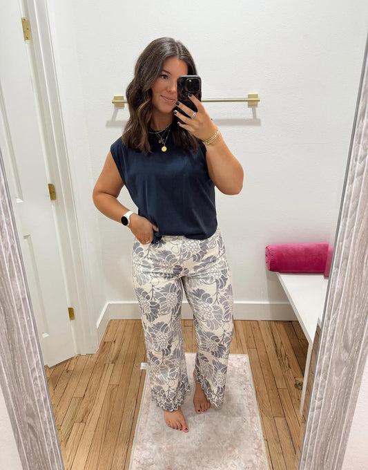 ecru blue printed pants