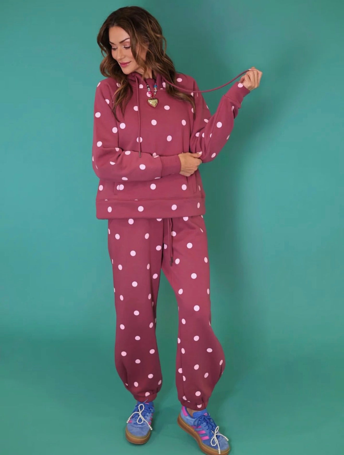 Maroon and pink polka dot jogger set