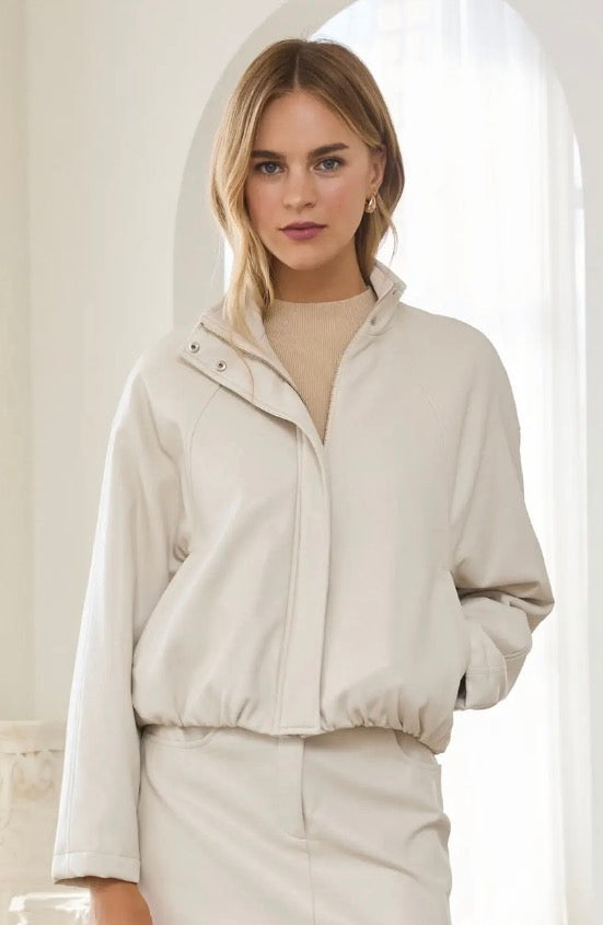 cream faux leather bomber jacket