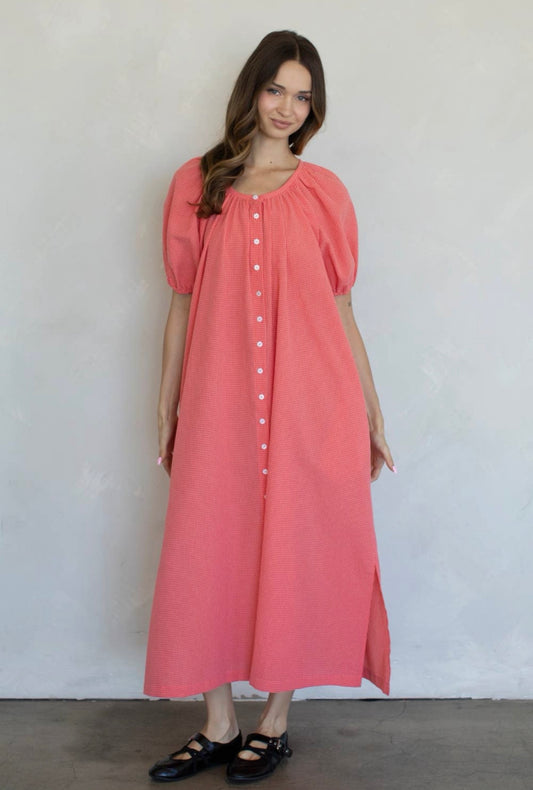 coral checkered button down midi dress
