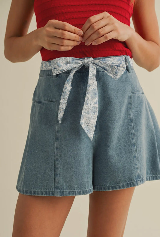high rise denim flounce shorts