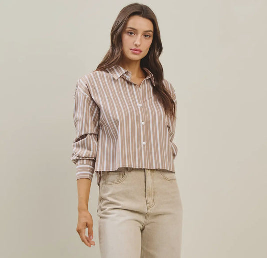 mocha stripe button down top
