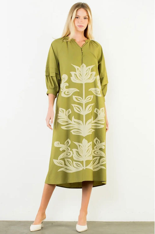olive flower print midi dress
