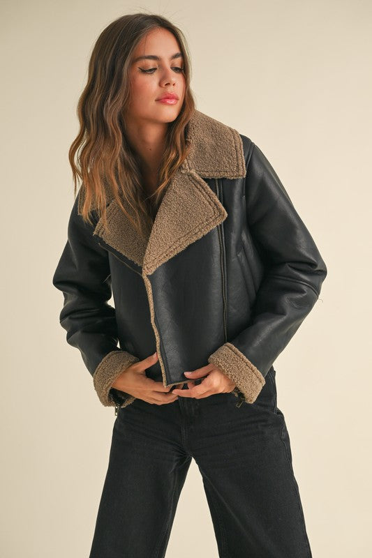 black/brown sherpa biker jacket