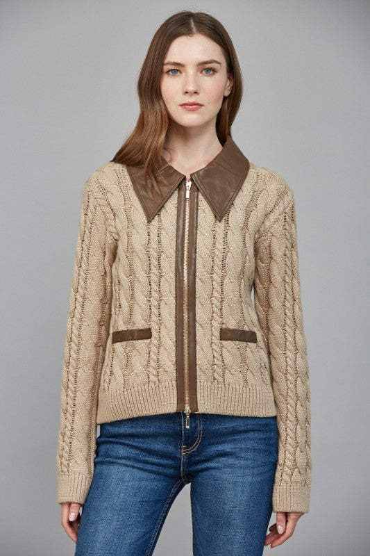 Contrast feaux leather trim cardigan