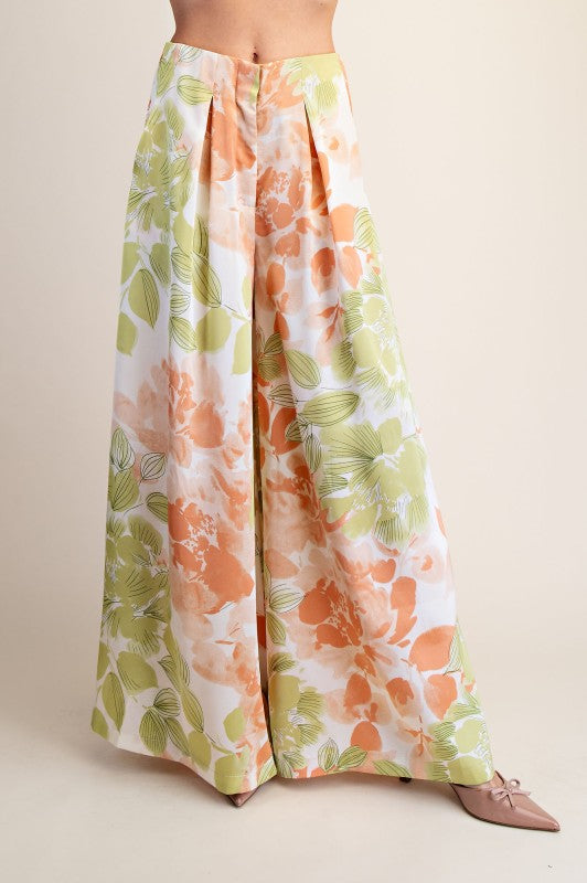 sage green/coral floral satin pant