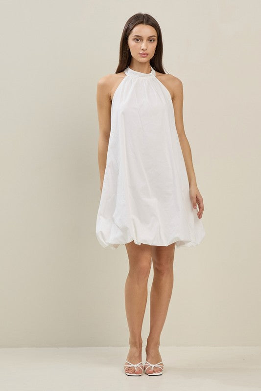 Bubble hem halter neck white mini dress