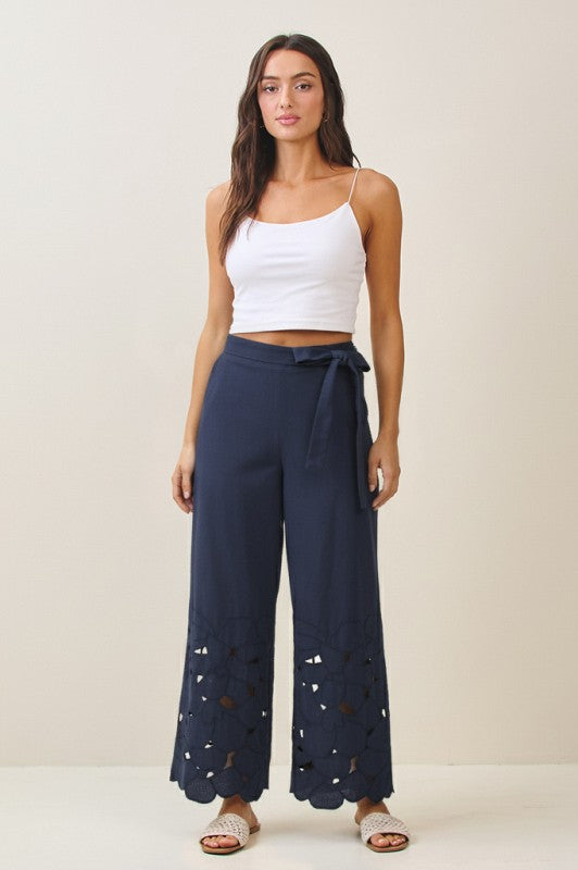 Navy embroidered linen pants