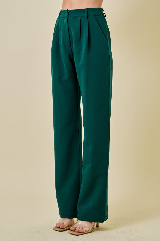 pleated straight leg trouser pants forest green