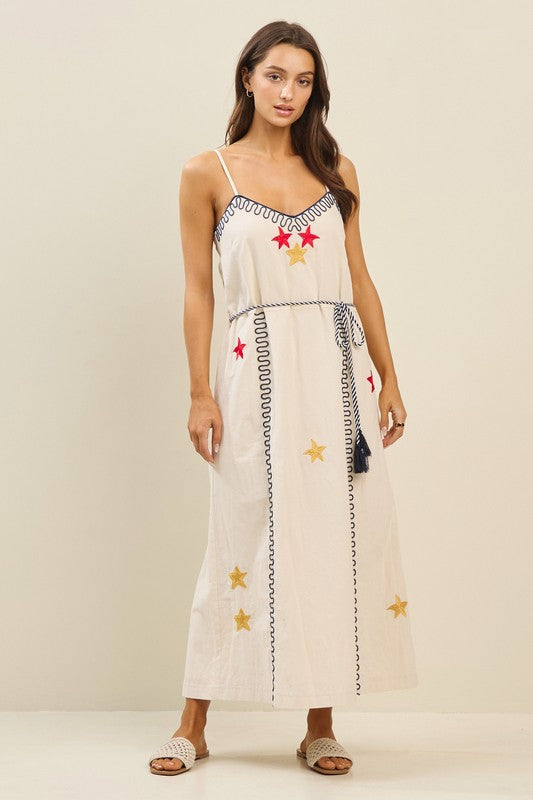 Natural star embroidered midi dress