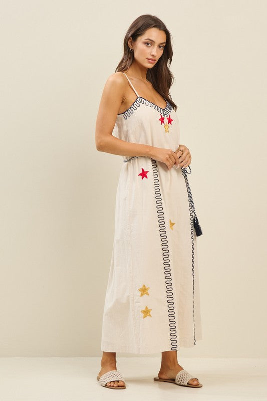 Natural star embroidered midi dress