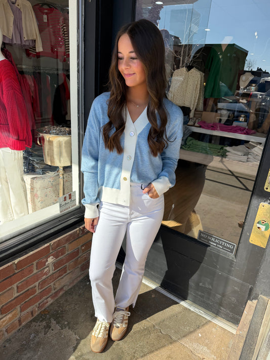 blue and cream contrast sweater top