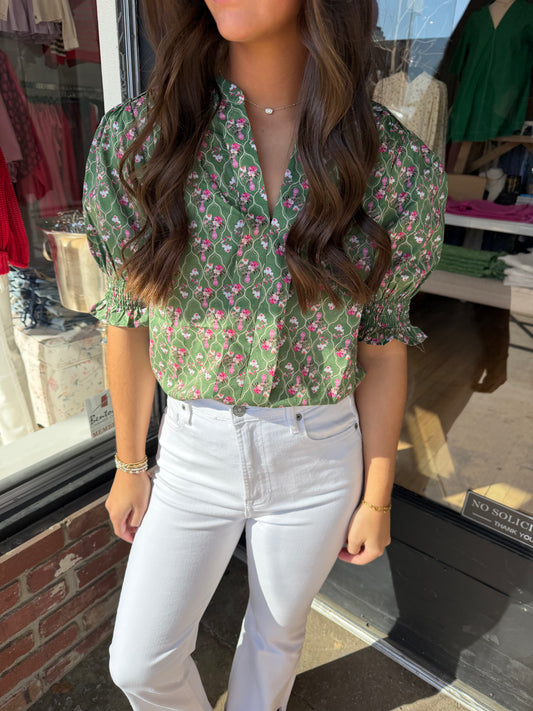Smocked green floral top
