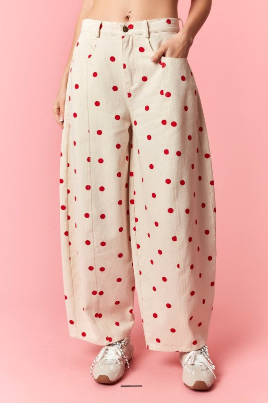 Red polka dot barrel Jean