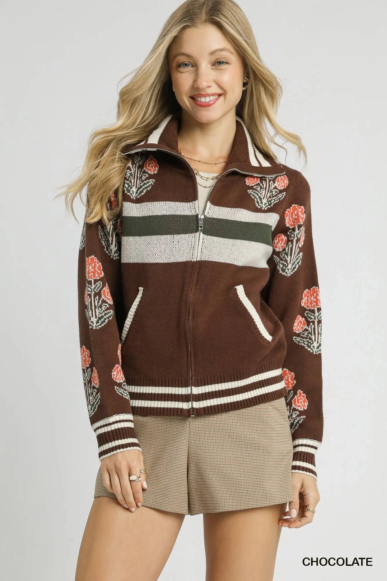 Chocolate floral zip up sweater