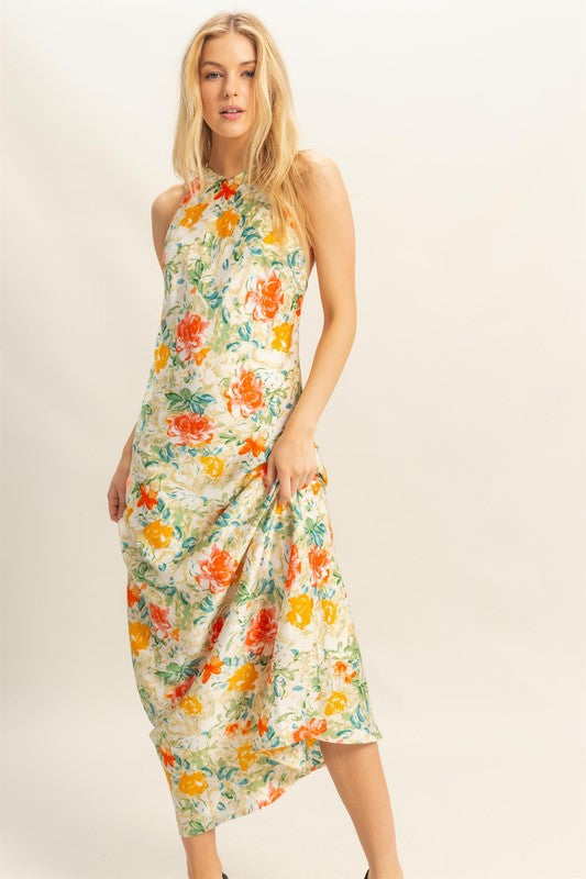floral halter satin maxi dress
