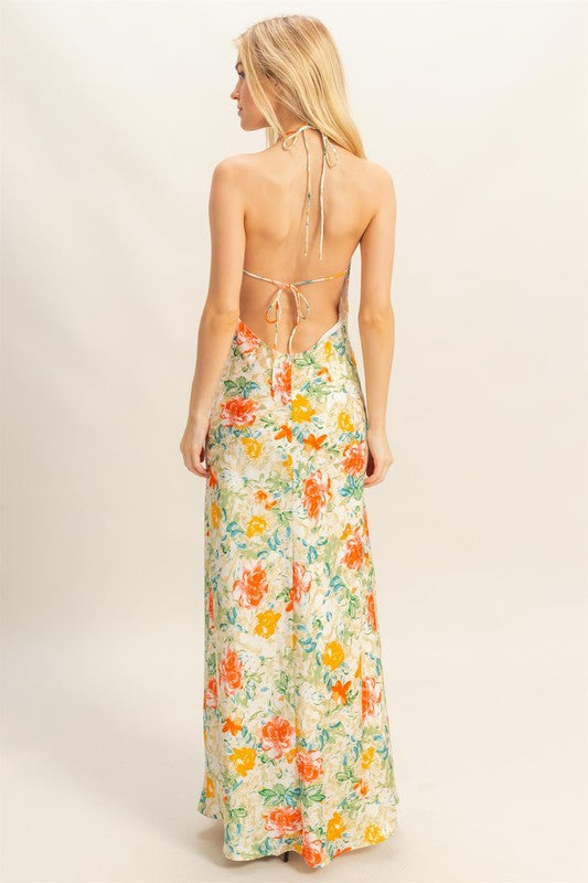 floral halter satin maxi dress