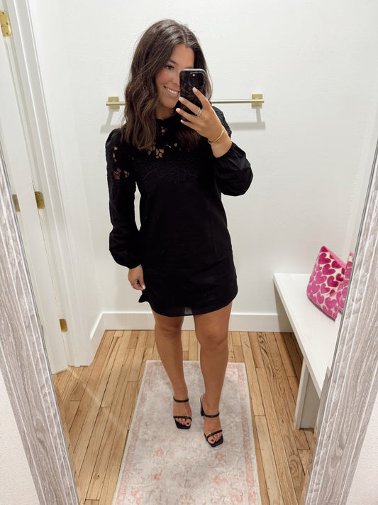 black embroidered cut out mini dress