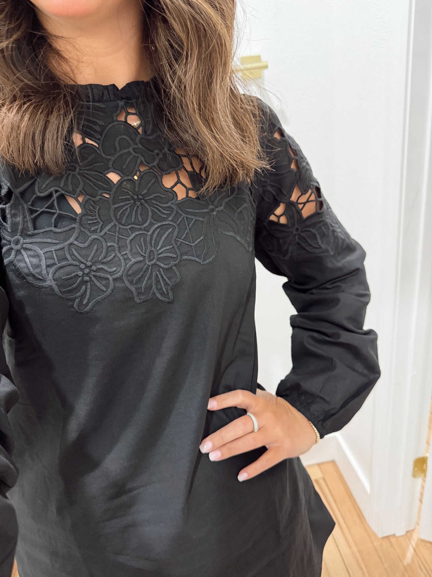 black embroidered cut out mini dress