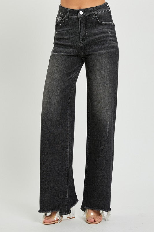 Black Wash High rise wide leg jean RISEN