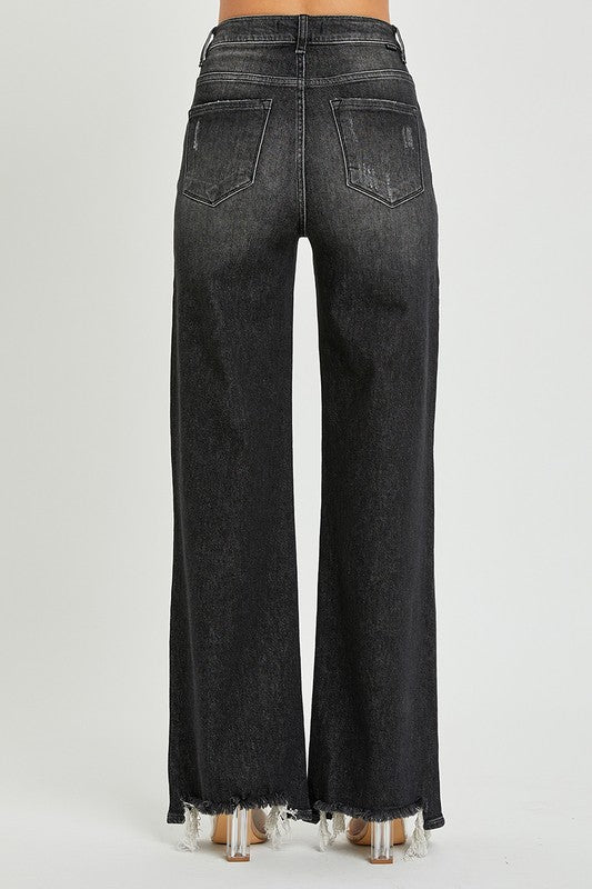 Black Wash High rise wide leg jean RISEN