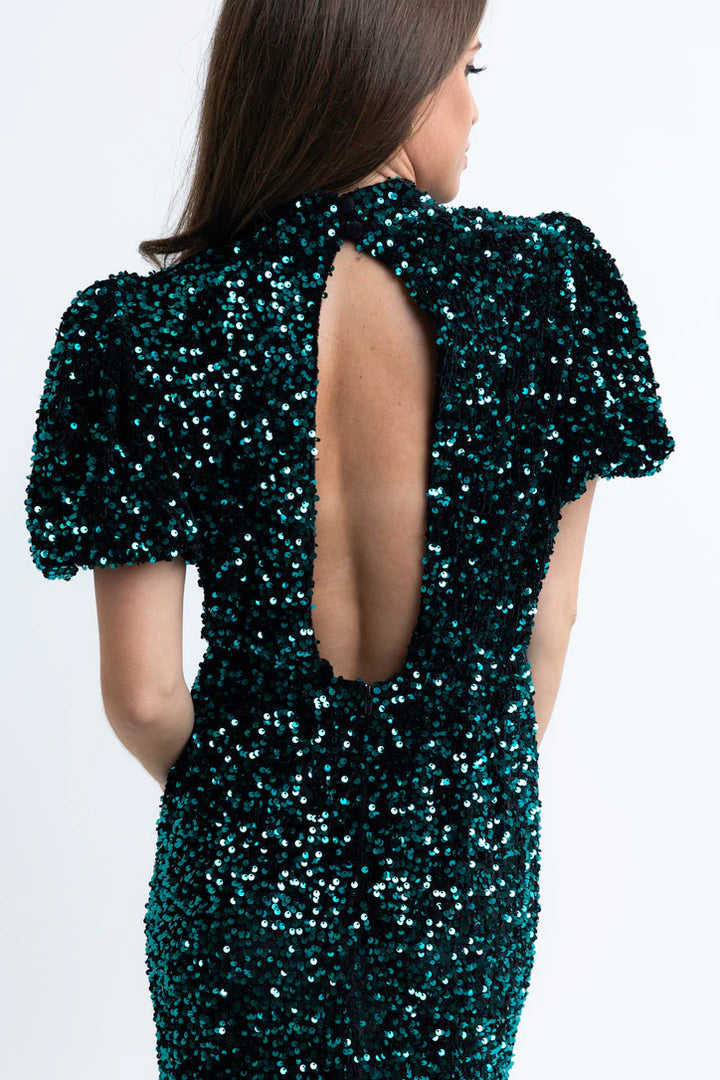 SEQUIN PUFF SLV OPEN BACK DRESS BY KARLIE - was $139