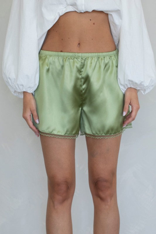 avocado satin shorts