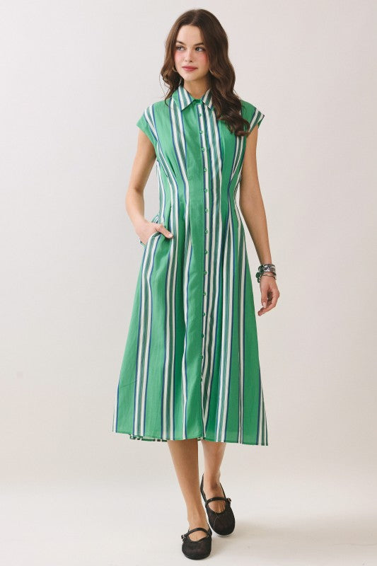 Green/blue stripe midi dress