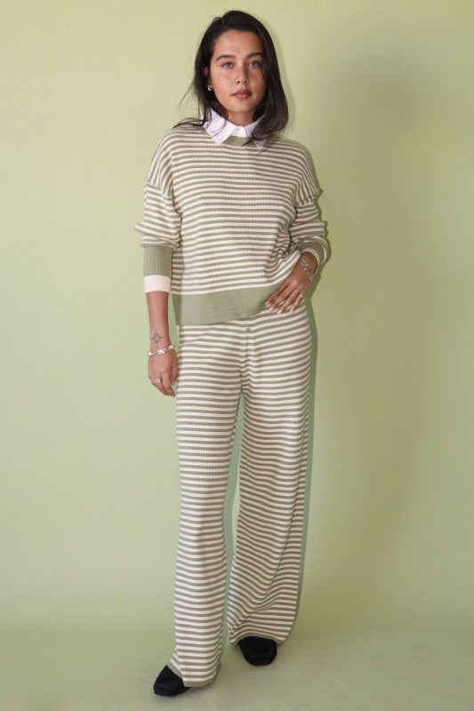 sage green stripe collared lounge set